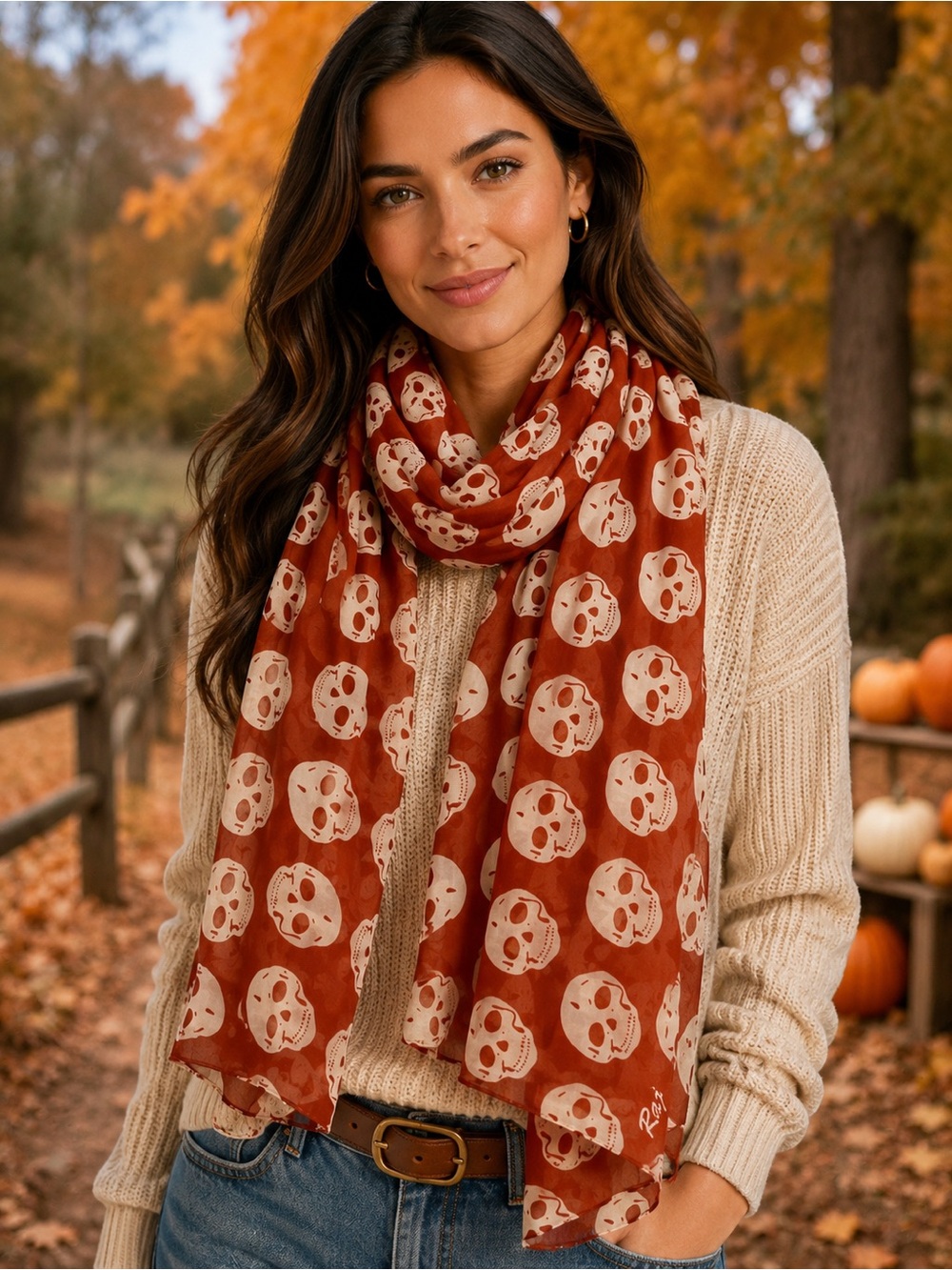 Rust orange skull scarf NWT